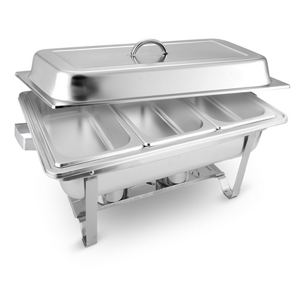Start2Finish SOGA 3L stainless steel triple tray chafing dish for catering and food warming, with handles and lid for serving.