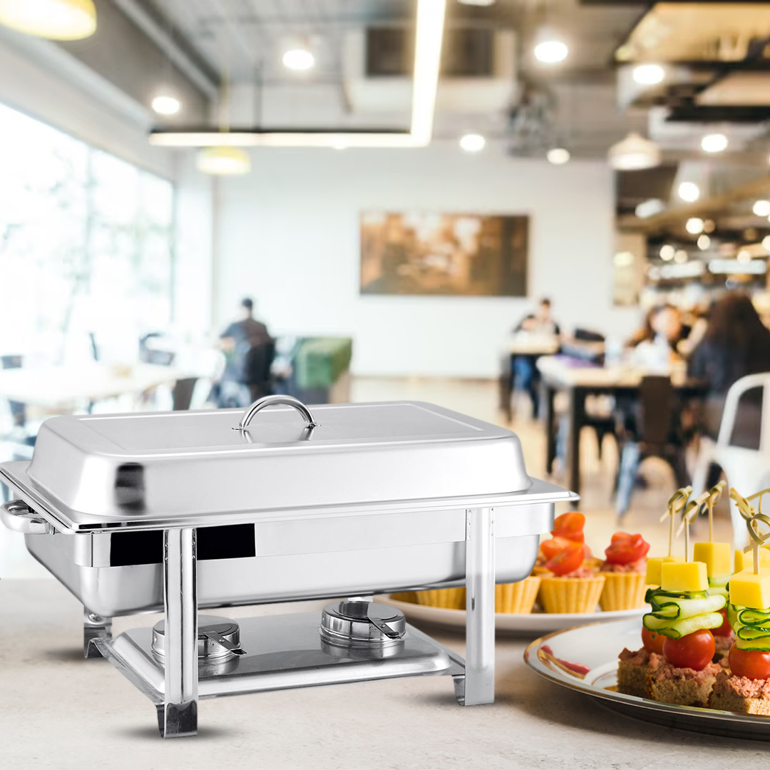 Start2Finish SOGA stainless steel single tray chafing dish for catering and food warming, ideal for home food service setups.