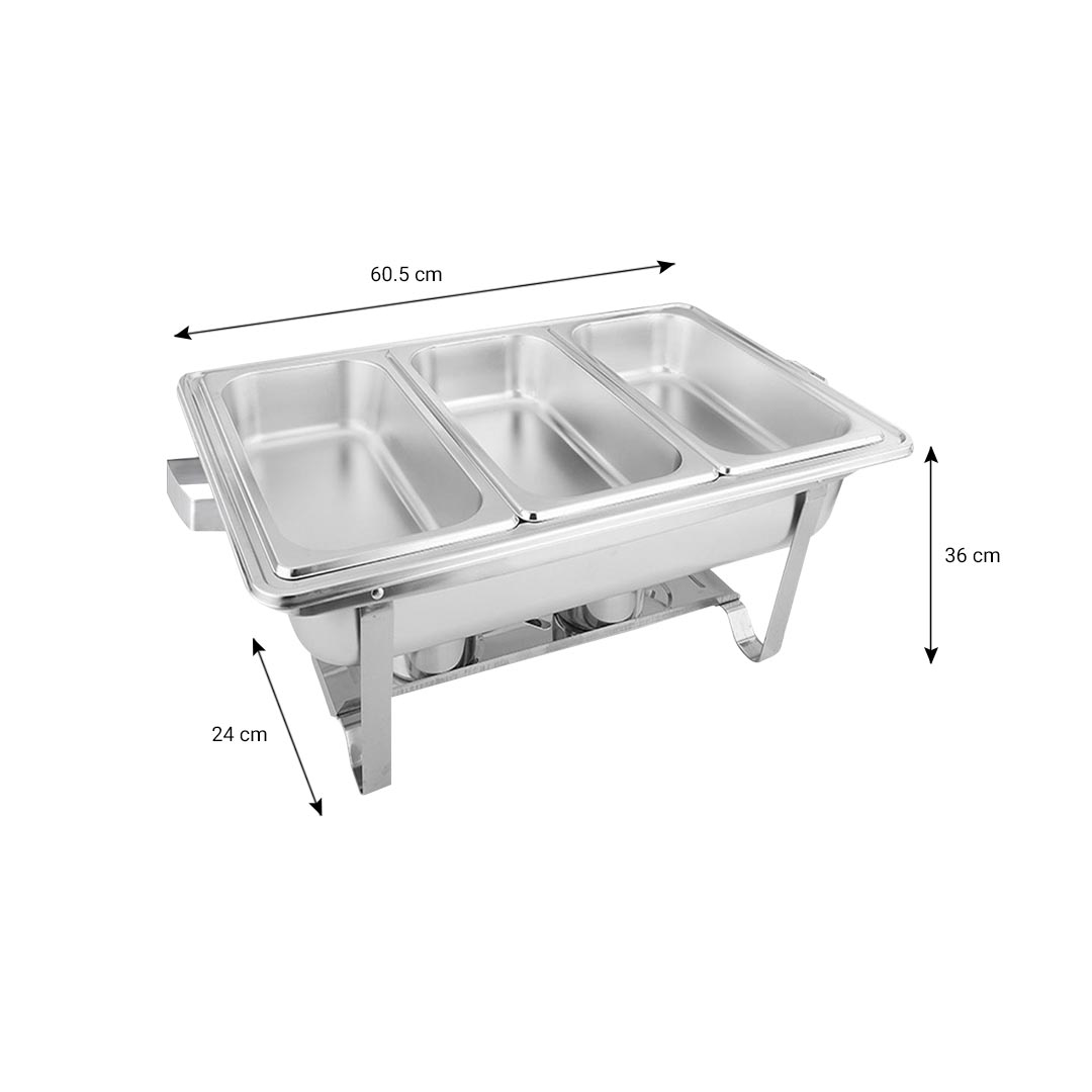 Start2Finish SOGA 3L stainless steel triple tray chafing dish for catering and home food warming.