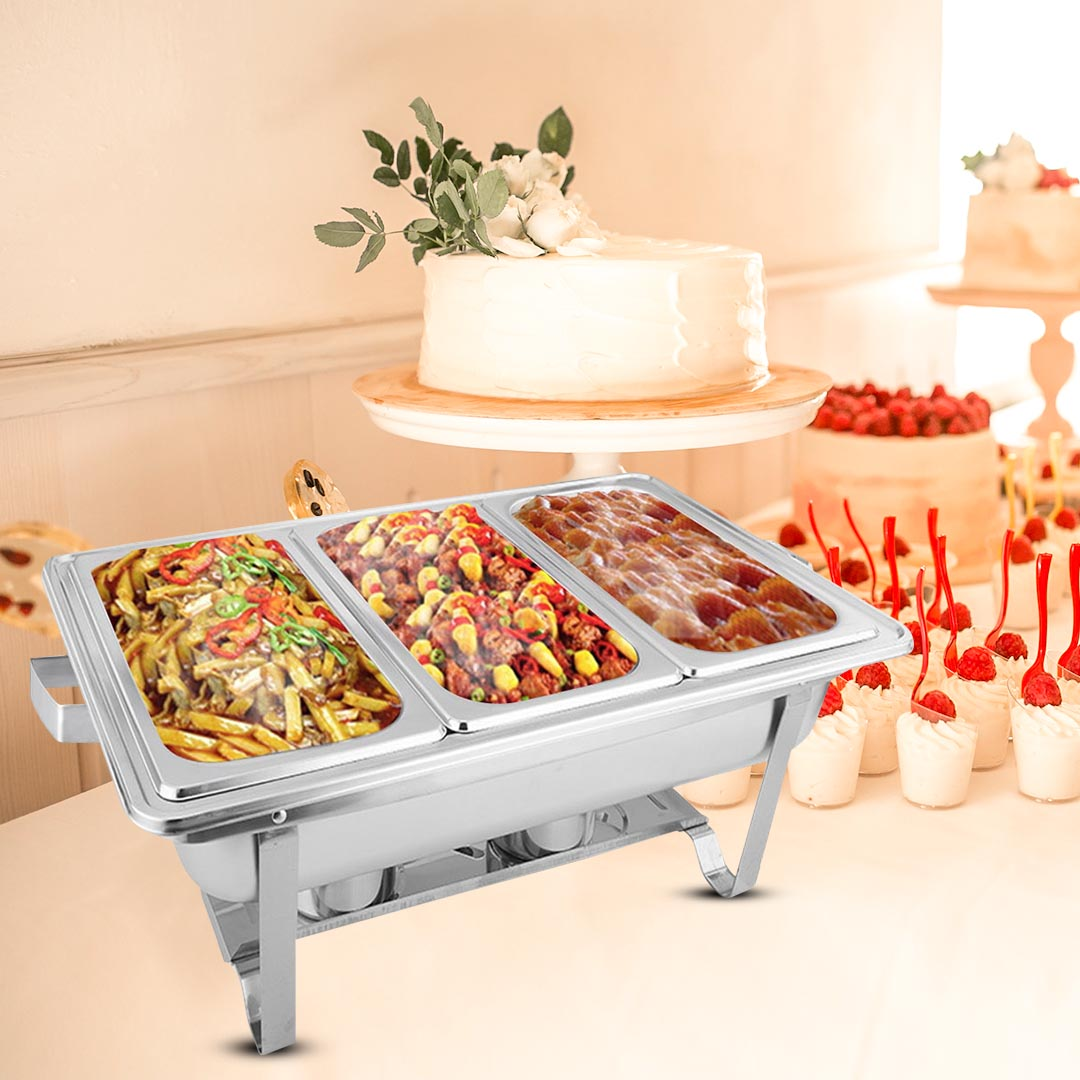 Start2Finish SOGA 3L stainless steel triple tray chafing dish for catering and home food warming.