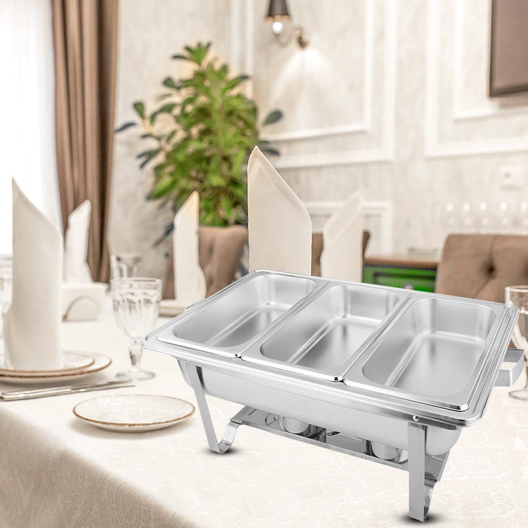 Start2Finish SOGA 3L stainless steel chafing dish with triple tray for catering and food warming.