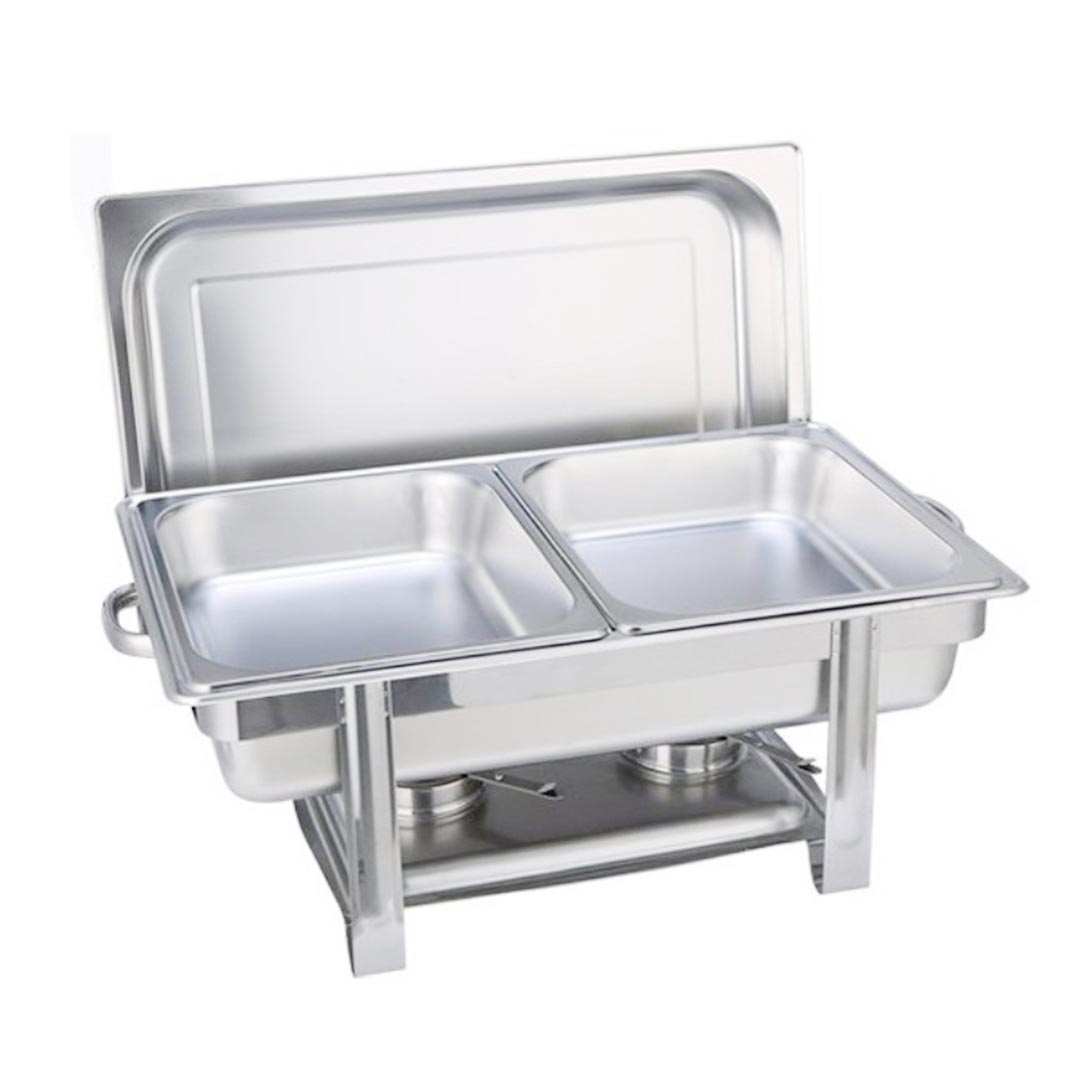 Start2Finish SOGA double tray stainless steel chafing dish with food warmer for catering and home use, featuring two compartments and sleek design.