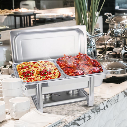 Start2Finish SOGA double tray stainless steel chafing dish for catering and food warming, with two compartments for serving.