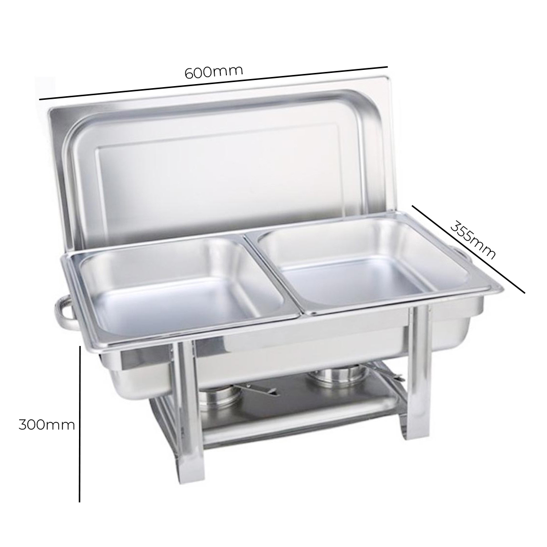 Start2Finish SOGA double tray stainless steel chafing dish with food warmer, featuring two compartments for catering and serving.
