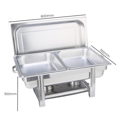 Start2Finish SOGA double tray stainless steel chafing dish with food warmer, featuring two compartments for catering and serving.