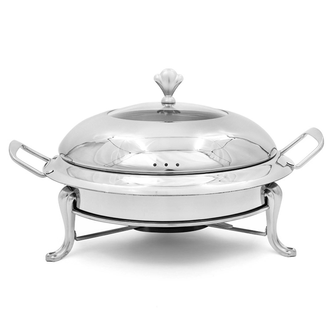 Start2Finish stainless steel round buffet chafing dish with glass lid, ideal for catering and food warming at home.