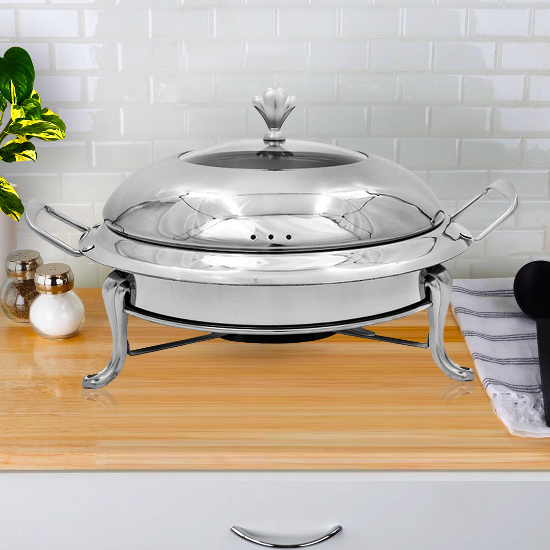 Start2Finish stainless steel round buffet chafing dish with glass lid, ideal for catering and food warming at home.