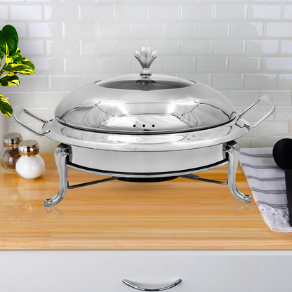 Start2Finish stainless steel round buffet chafing dish with glass lid, ideal for catering and food warming at home.