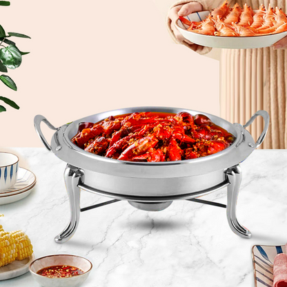 Start2Finish SOGA stainless steel round buffet chafing dish with glass lid, food warmer for catering or home use.