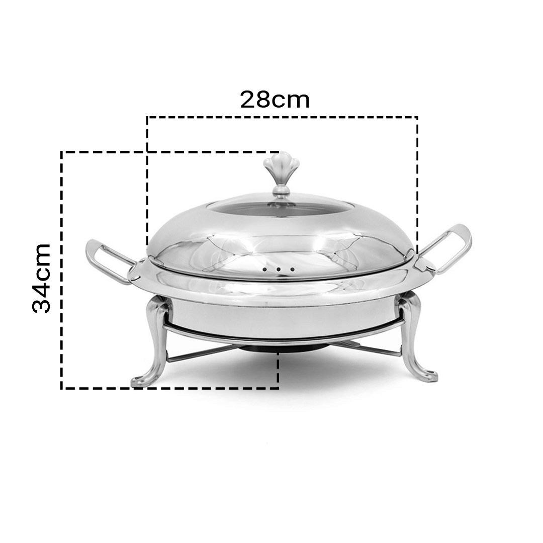 Start2Finish SOGA stainless steel round buffet chafing dish with glass lid, catering food warmer for home or events.