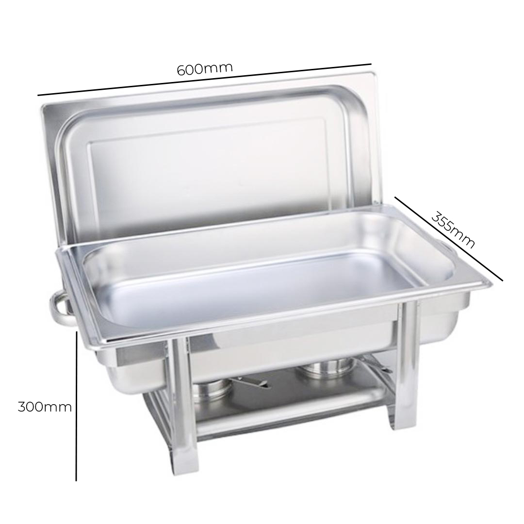 Start2Finish SOGA stainless steel single tray chafing dish for catering and food warming, with a sturdy metal frame and lid.