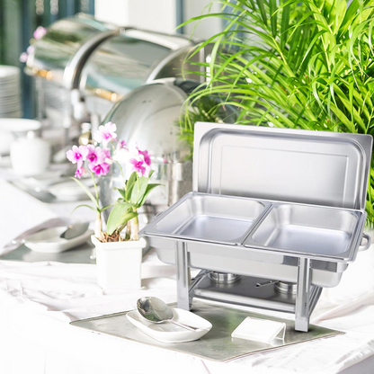 Start2Finish SOGA double tray stainless steel chafing dish for catering and food warming, designed for home use.