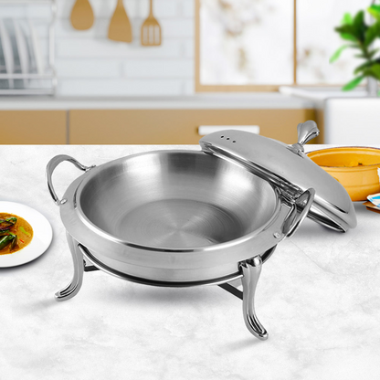 Start2Finish SOGA stainless steel round buffet chafing dish with glass lid for catering and food warming.