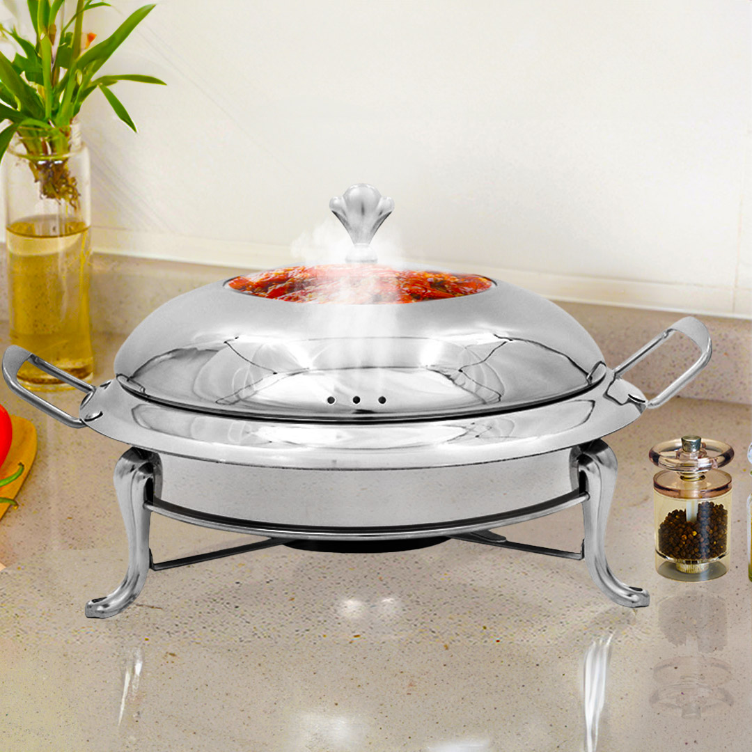 Start2Finish SOGA stainless steel round buffet chafing dish with glass lid, ideal for catering and food warming at home.