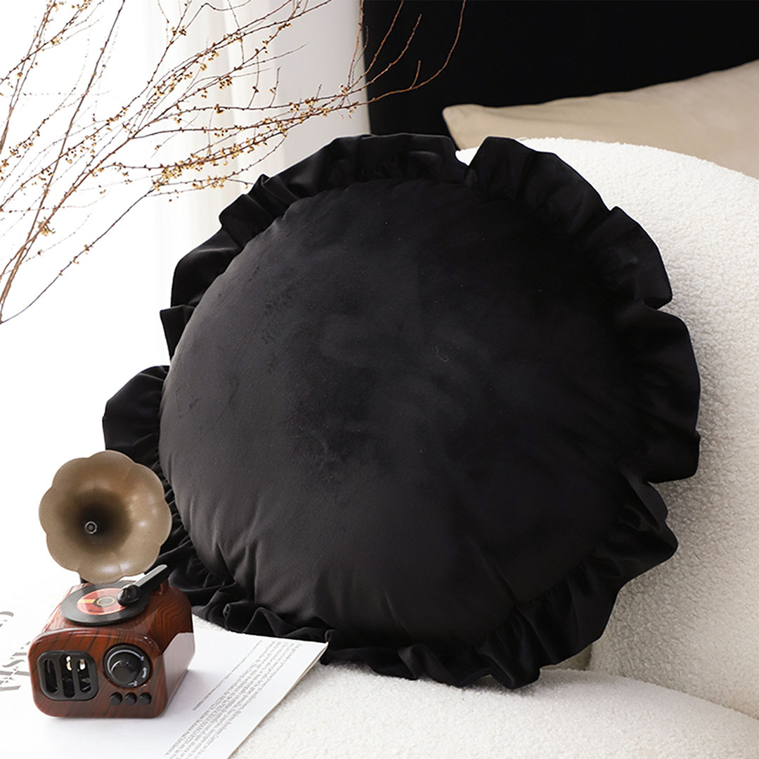 Black vintage butterfly and lotus leaf round throw pillow by Start2Finish, featuring intricate floral and butterfly patterns.