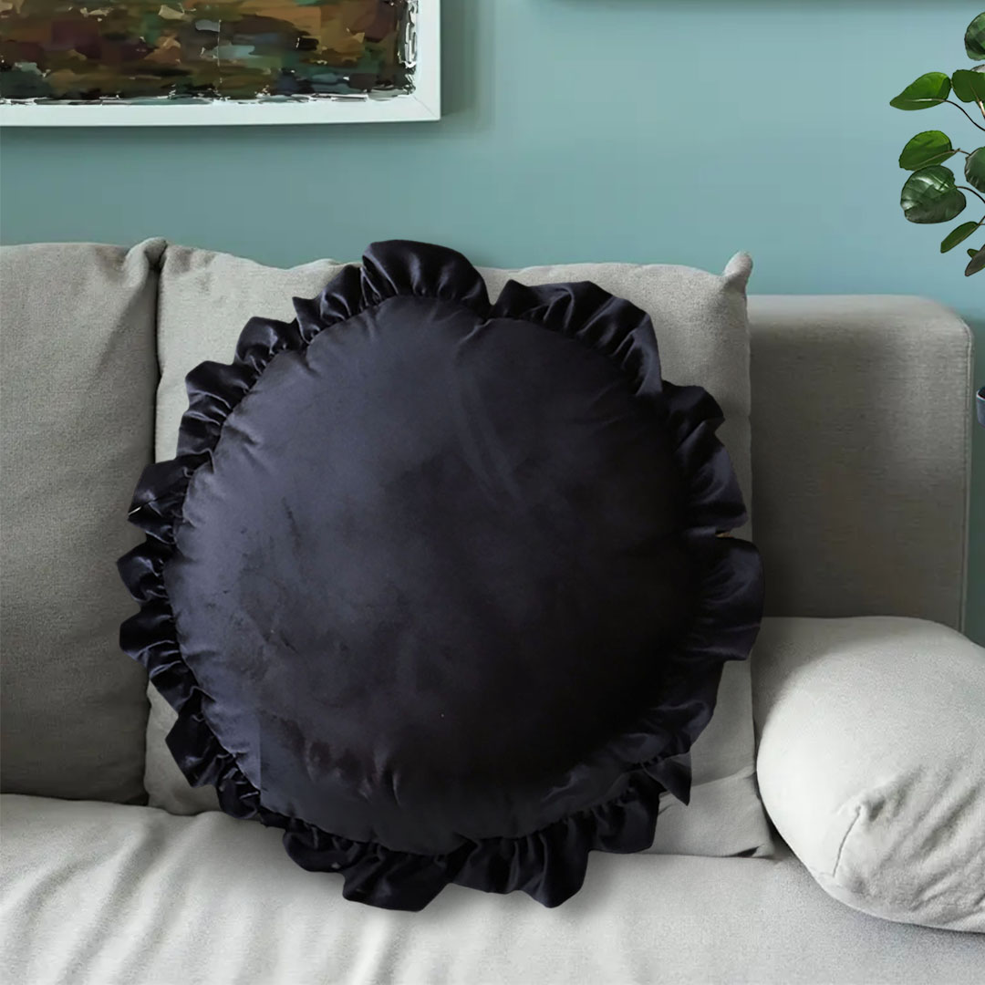 Black vintage butterfly and lotus leaf edge round throw pillow by Start2Finish, featuring intricate butterfly and floral design.