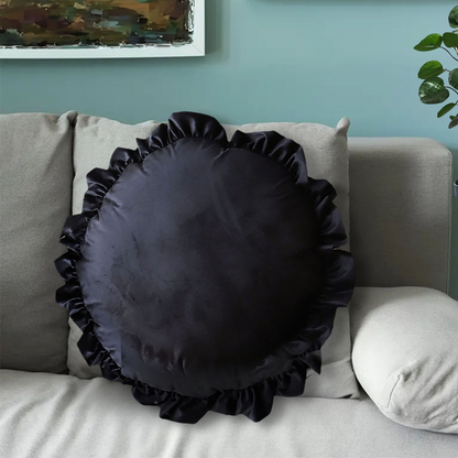 Black vintage butterfly and lotus leaf edge round throw pillow by Start2Finish, featuring intricate butterfly and floral design.