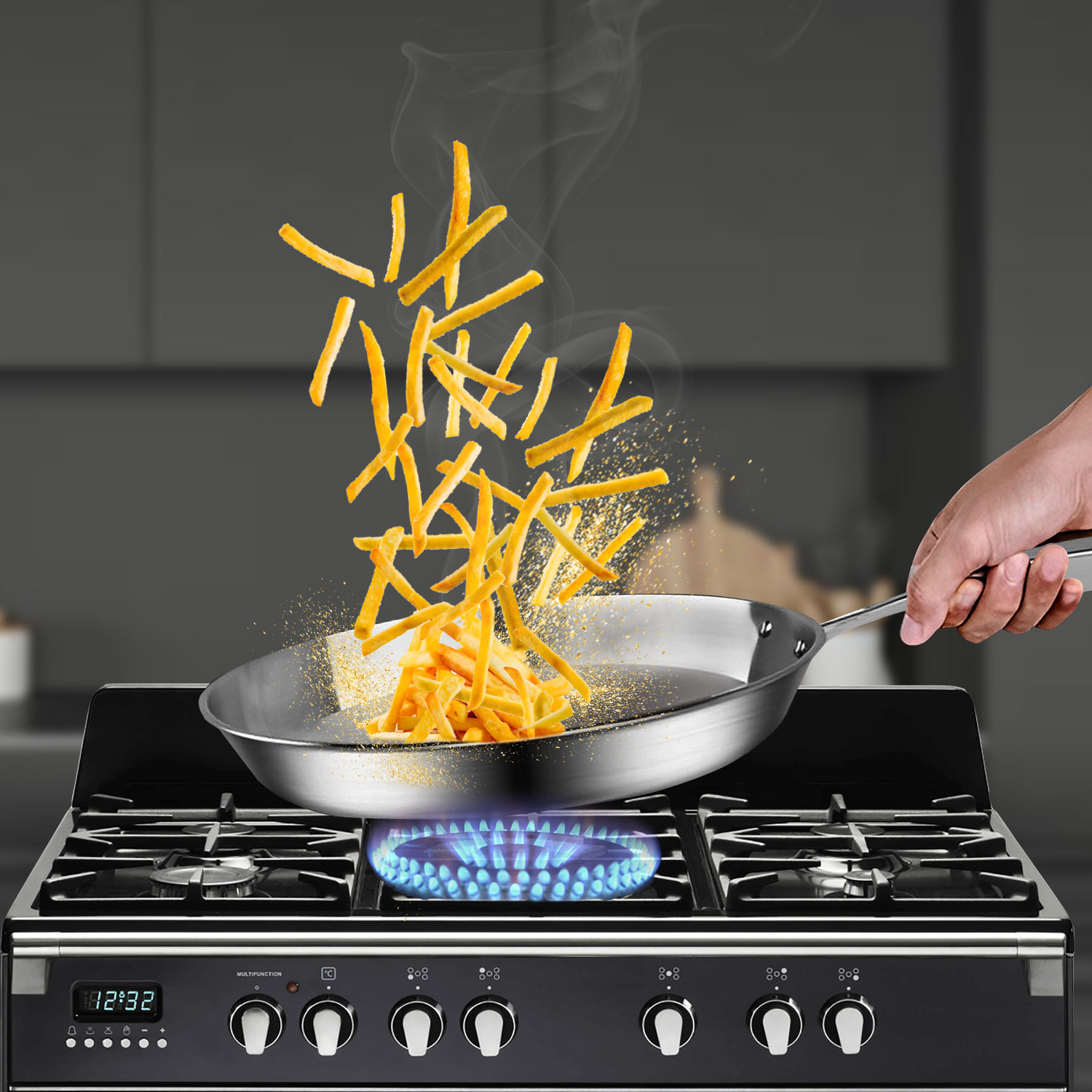 Start2Finish SOGA stainless steel 10.2-inch fry pan for induction cooking, showcasing a durable, polished cooking surface.