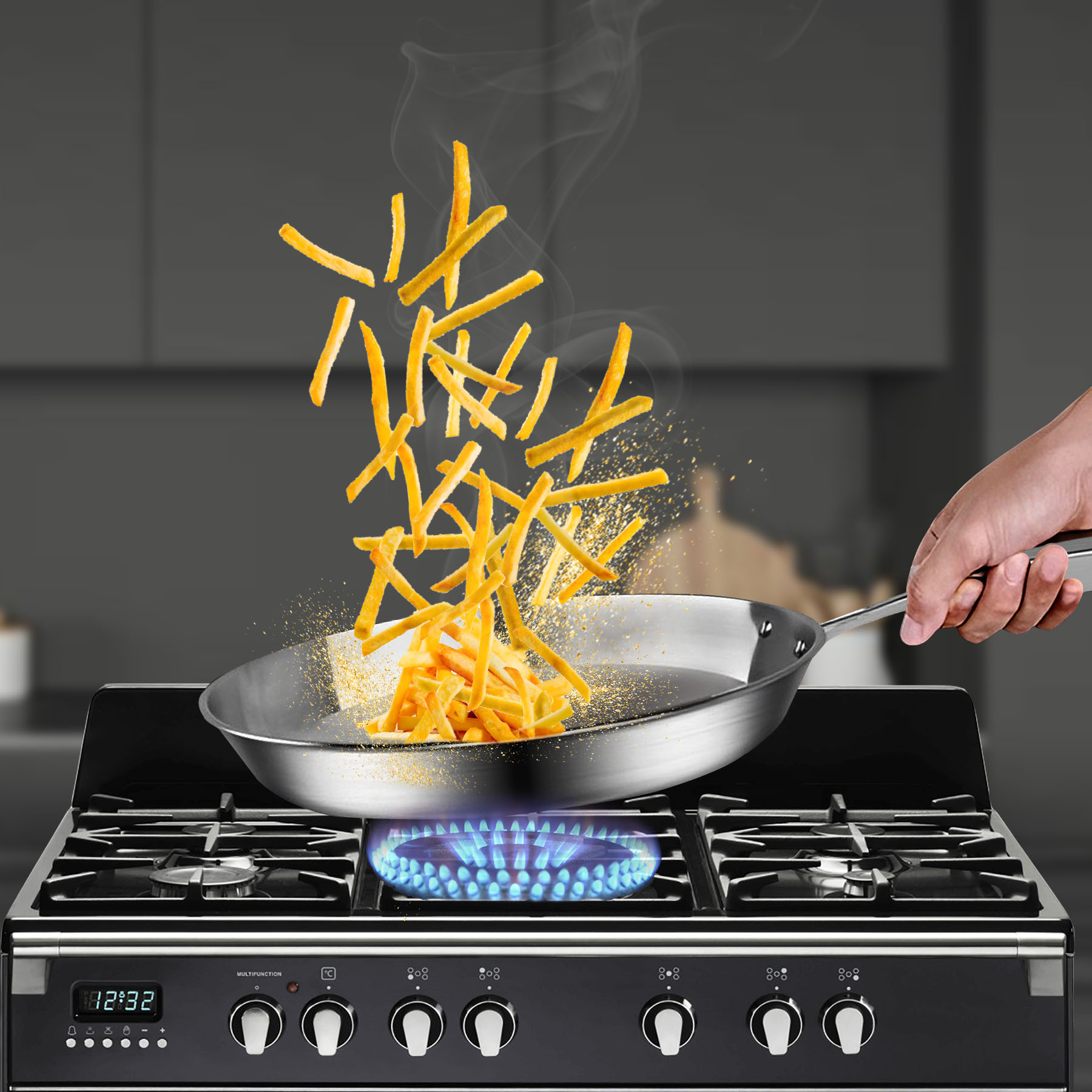 Start2Finish SOGA stainless steel 10.2-inch fry pan for induction cooking, showcasing a durable, polished cooking surface.