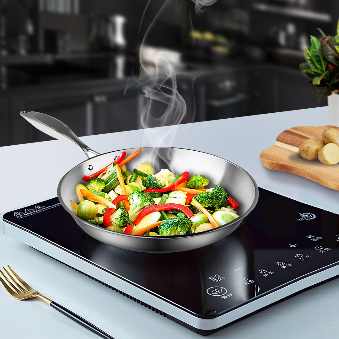 Start2Finish SOGA stainless steel 10.2-inch frying pan for induction cooking, showing a sleek, durable cookware with a flat cooking surface.