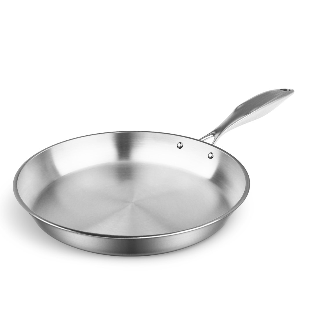 Start2Finish SOGA stainless steel 10.2-inch frying pan for induction cooking, showing a shiny, durable cooking surface.