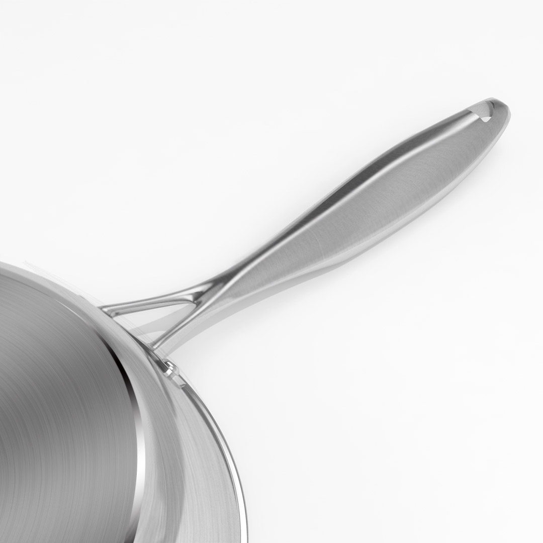Start2Finish SOGA stainless steel 10.2-inch frying pan for induction cooking, showing a clean, shiny cookware with a flat cooking surface.