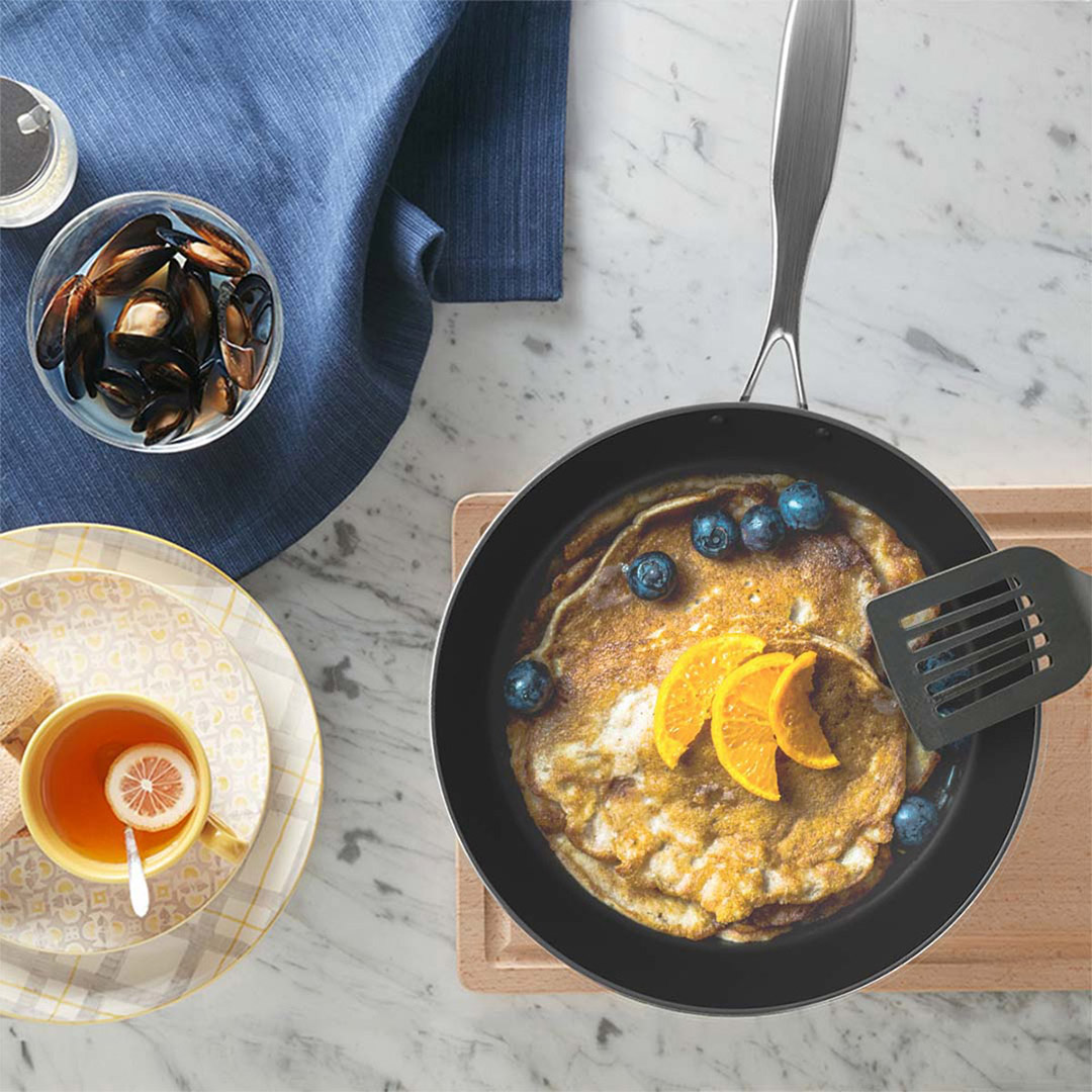 Start2Finish SOGA 9.5-inch stainless steel fry pan with non-stick interior, suitable for induction cooking and versatile home use.