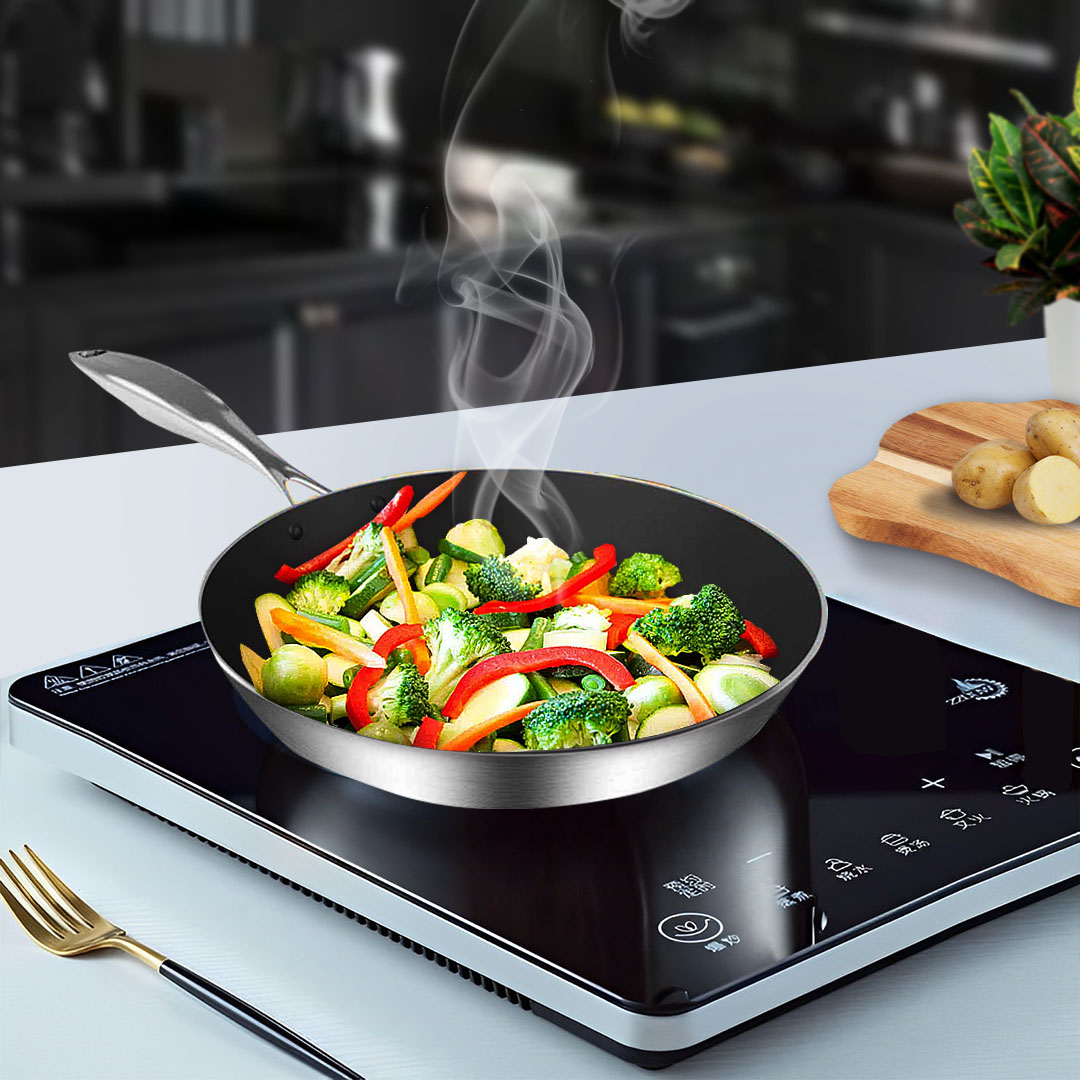 Start2Finish SOGA 9.5-inch stainless steel frying pan with non-stick interior, suitable for induction cooktops, home cookware.