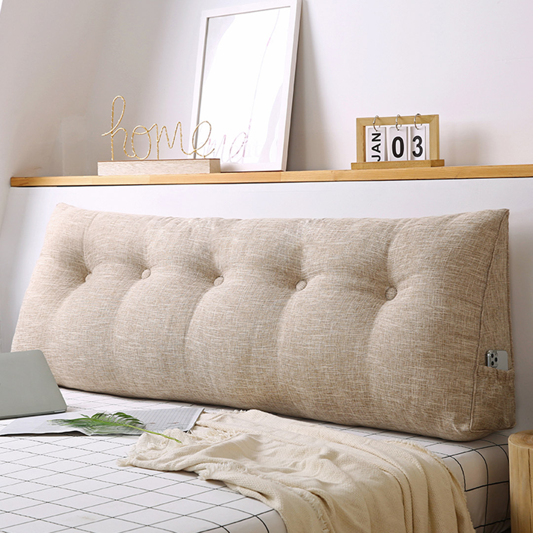 Start2Finish beige triangular wedge bed pillow headboard and backrest cushion for home decor and bedding comfort.