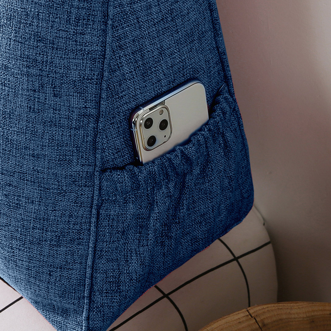 Blue triangular wedge bed pillow headboard from Start2Finish, featuring a tatami cushion design for home decor and back support.