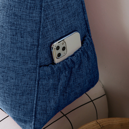Blue triangular wedge bed pillow headboard from Start2Finish, featuring a tatami cushion design for home decor and back support.