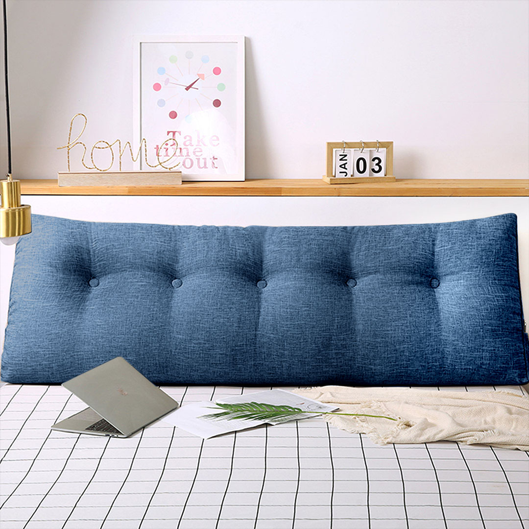 Blue SOGA 120cm triangular wedge bed pillow from Start2Finish, used as a headboard or backrest for bedding and home decor.