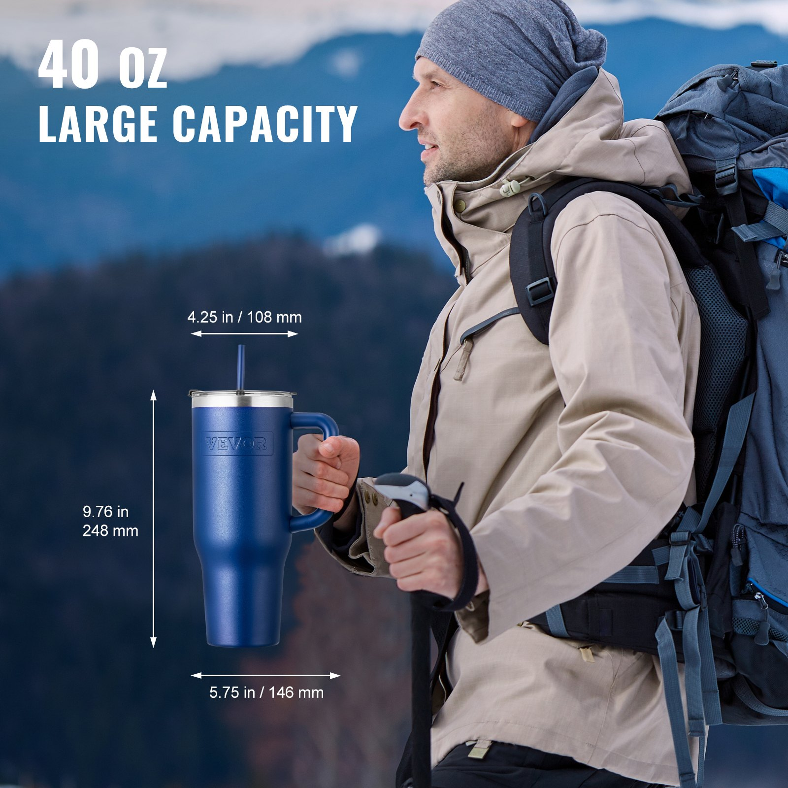 Start2Finish VEVOR 40 oz insulated stainless steel water bottle with lid, blue outdoor travel mug for camping and hydration