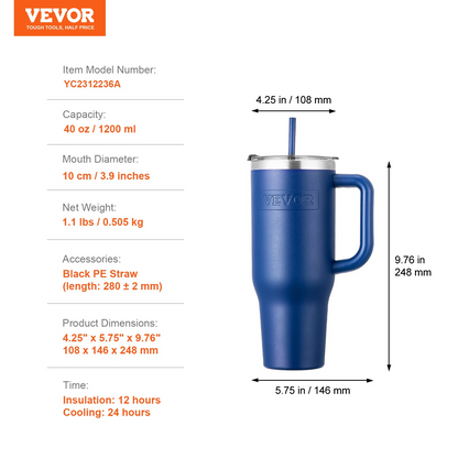 Start2Finish VEVOR 40 oz stainless steel insulated water bottle with lid, blue outdoor travel mug for camping and hydration.