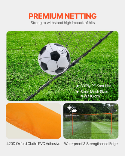 Start2Finish VEVOR portable soccer goal, 12x6 ft outdoor practice net with steel fiberglass frame and orange design.