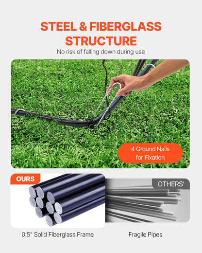 Start2Finish VEVOR 12x6 ft portable soccer goal with orange steel and fiberglass frame, outdoor practice net with carry bag.