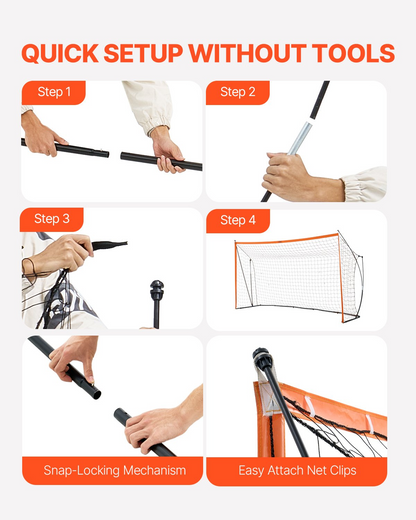 Start2Finish VEVOR portable soccer goal, 12x6 ft outdoor training net with steel fiberglass frame and orange finish.