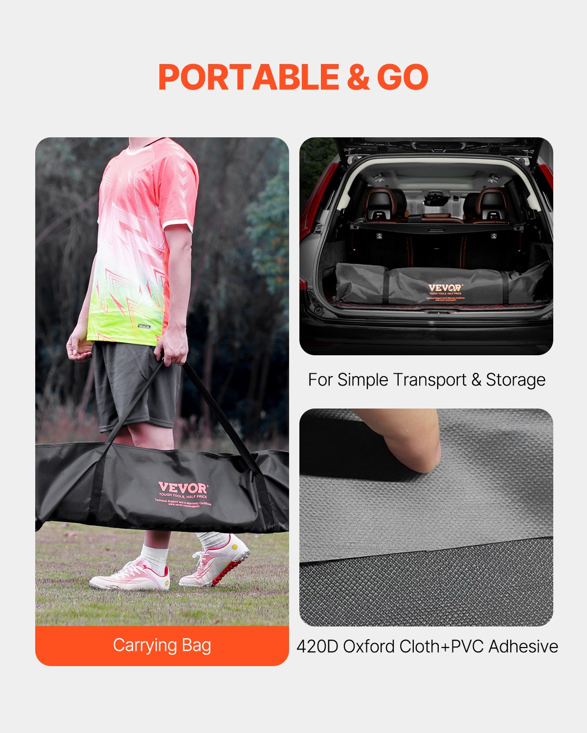 Start2Finish VEVOR 12x6 ft portable soccer goal with orange steel fiberglass frame, outdoor practice net, includes carry bag.