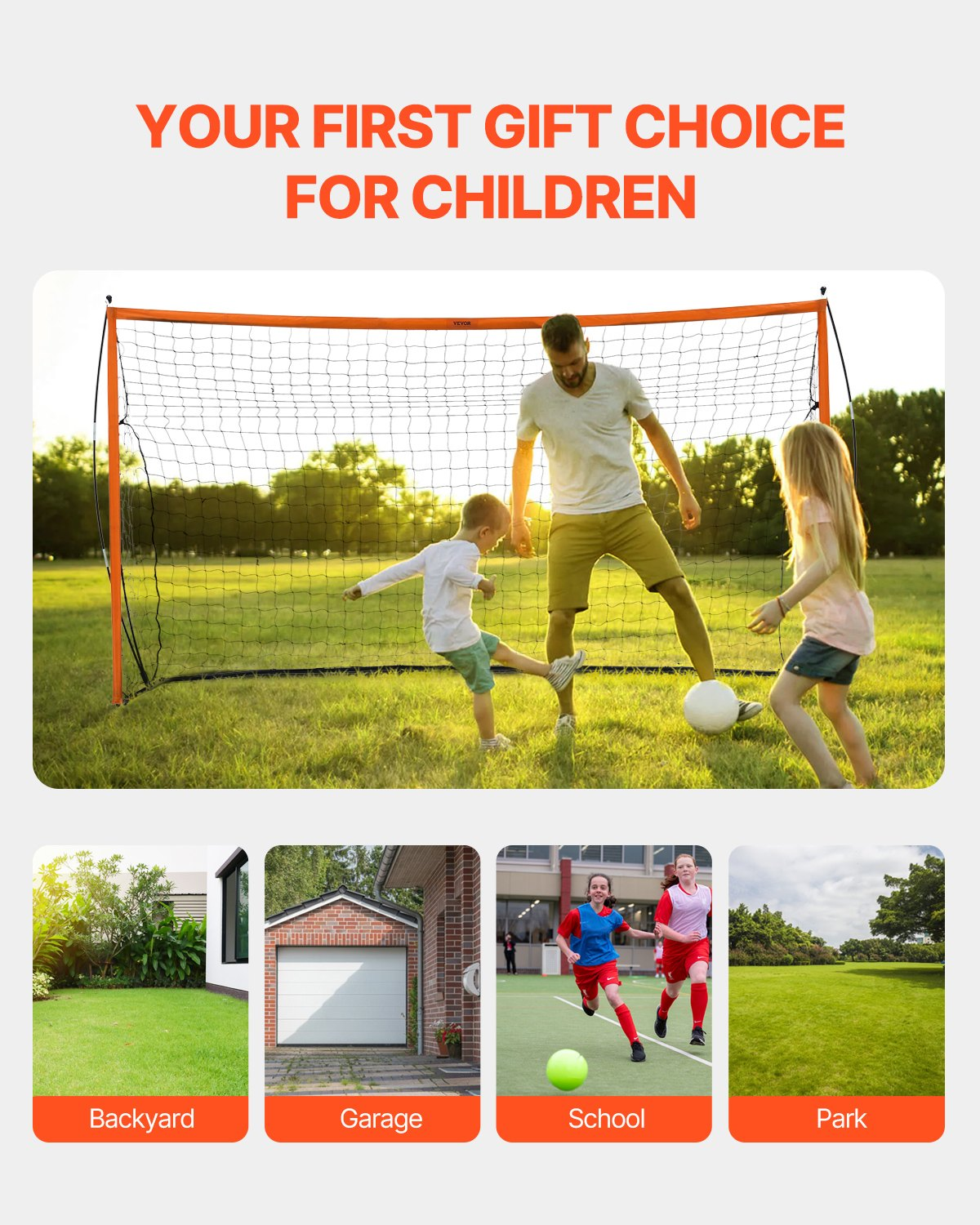 Start2Finish VEVOR 12x6 ft portable soccer goal with steel fiberglass frame, orange outdoor net, carry bag, ideal for practice and backyard play.