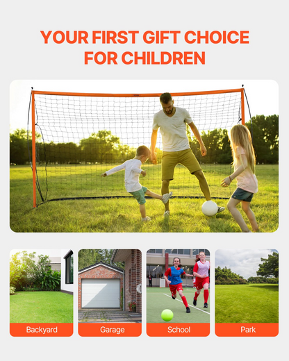 Start2Finish VEVOR 12x6 ft portable soccer goal with steel fiberglass frame, orange outdoor net, carry bag, ideal for practice and backyard play.