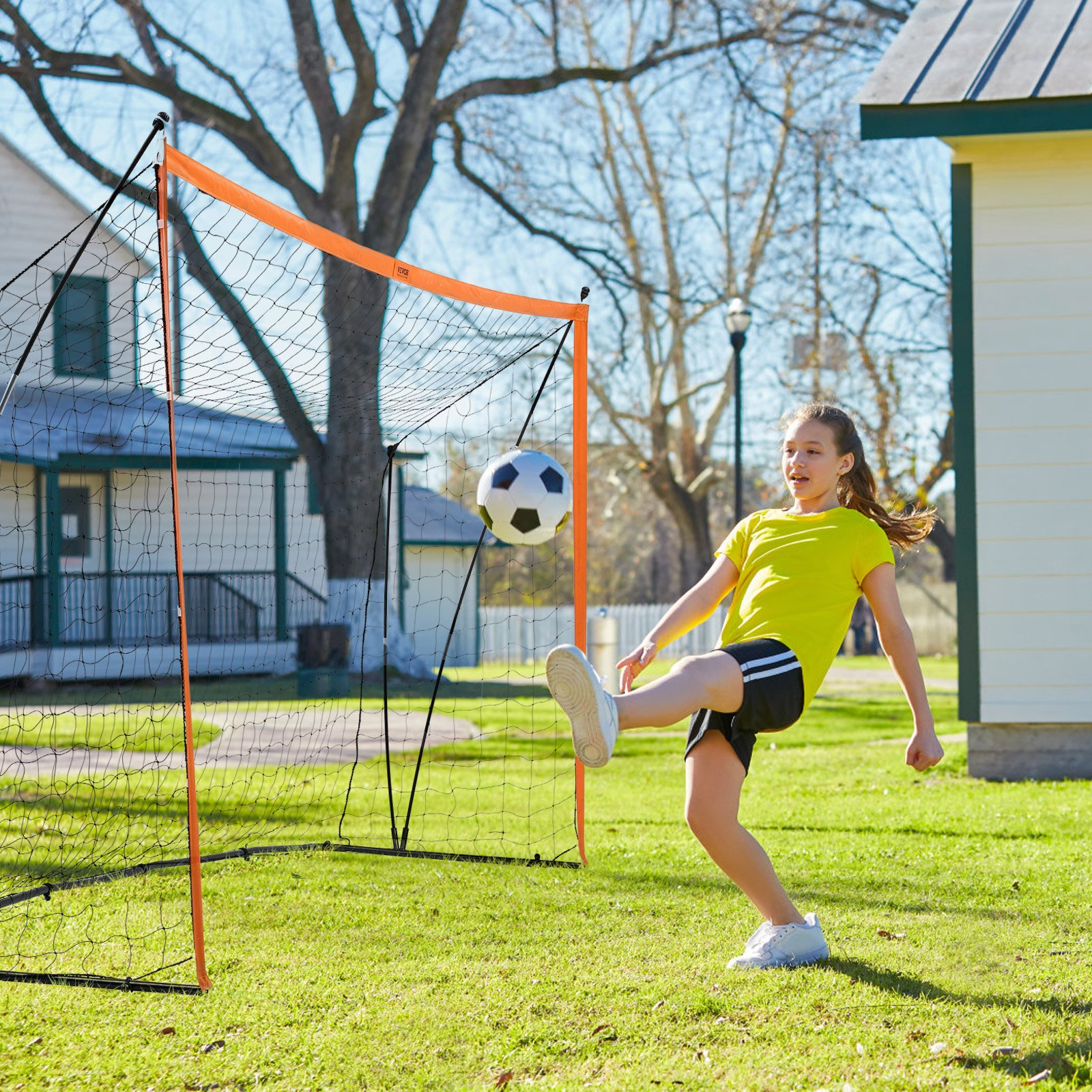 Start2Finish VEVOR 12x6 ft portable soccer goal with steel fiberglass frame, orange outdoor net, includes carry bag for practice or backyard play.