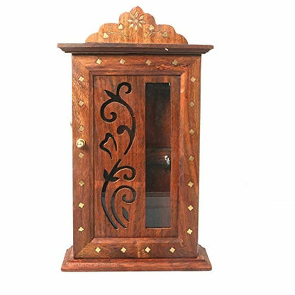 Sheesham wood wall-mounted key holder with leaf design and hooks, used for home decor and organization.