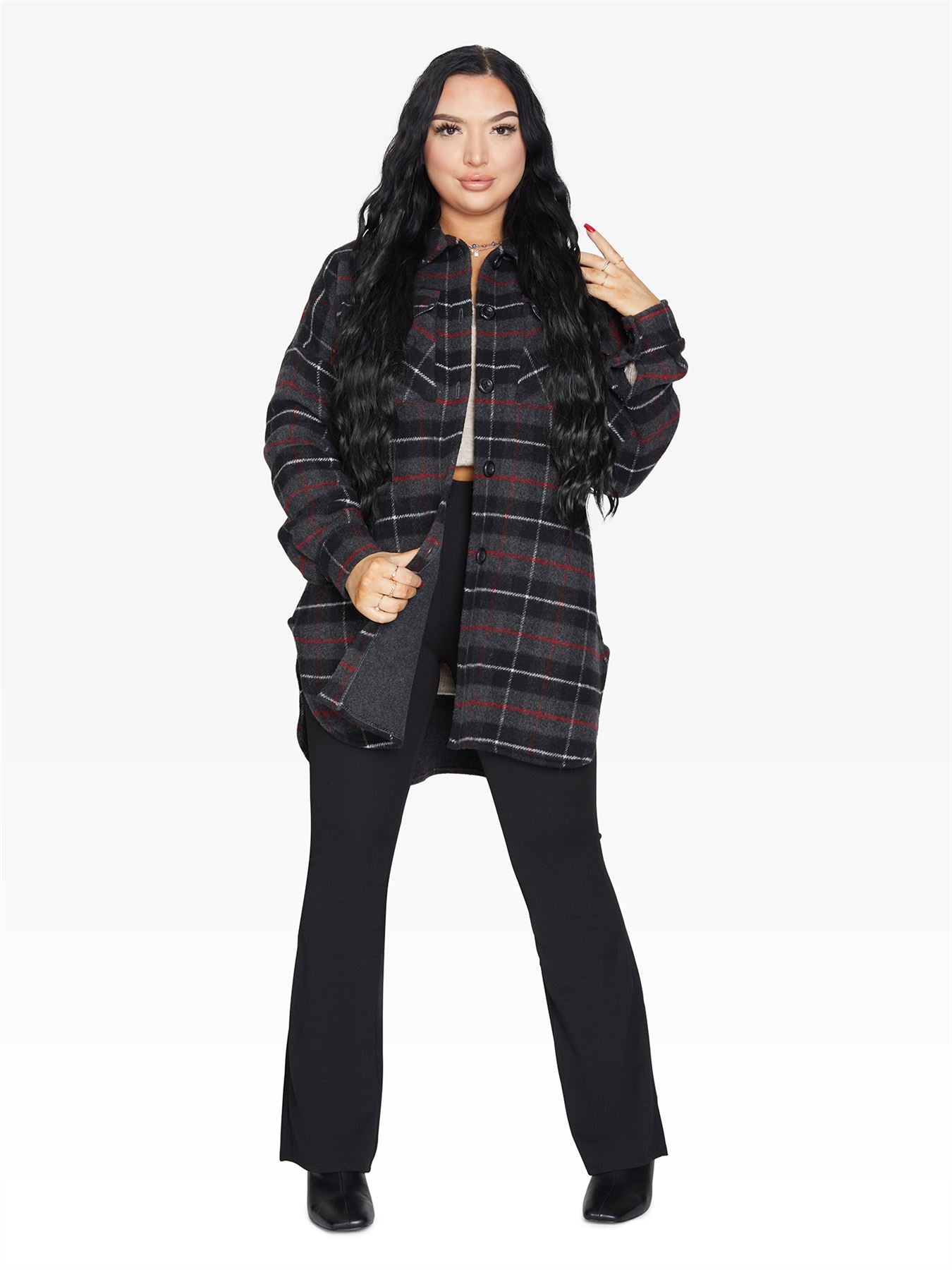 Oversized Nova Check Wool Blend Shacket by Rose Eleusis, featuring a plaid pattern, large fit, and cozy wool blend fabric.