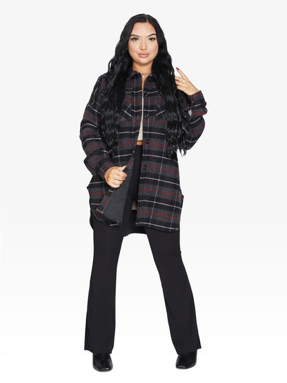 Oversized Nova Check Wool Blend Shacket by Rose Eleusis, featuring a plaid pattern, large fit, and cozy wool blend fabric.