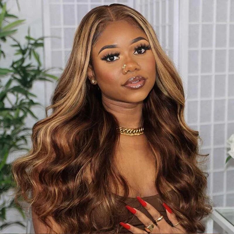 Pear Daisy 13x4 lace frontal human hair wig with P4 27 body wave, 150% density, natural-looking style.