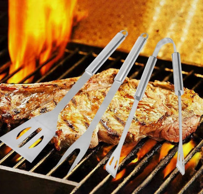 Yellow Pandora 3-piece stainless steel BBQ grill utensils set with tongs, spatula, and fork for outdoor cooking.