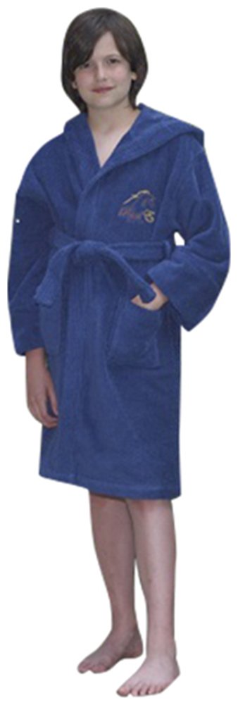 Navy blue premium Turkish cotton hooded robe for boys by Amethyst Tiger, soft and absorbent bath and beauty clothing.