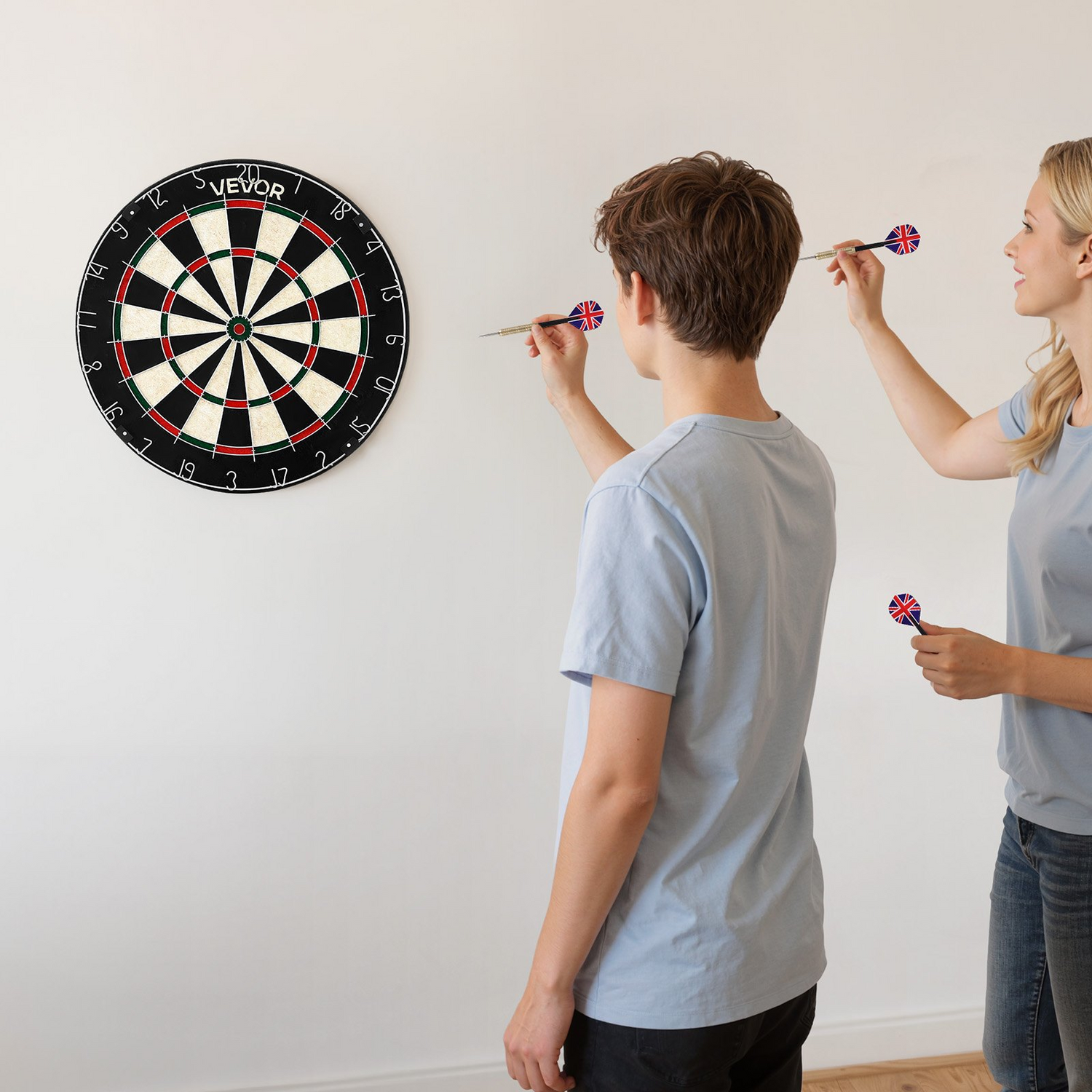 Start2Finish VEVOR dartboard with 6 darts, scoring kit, self-healing sisal fibers, rotating ring, and staple-free bullseye.
