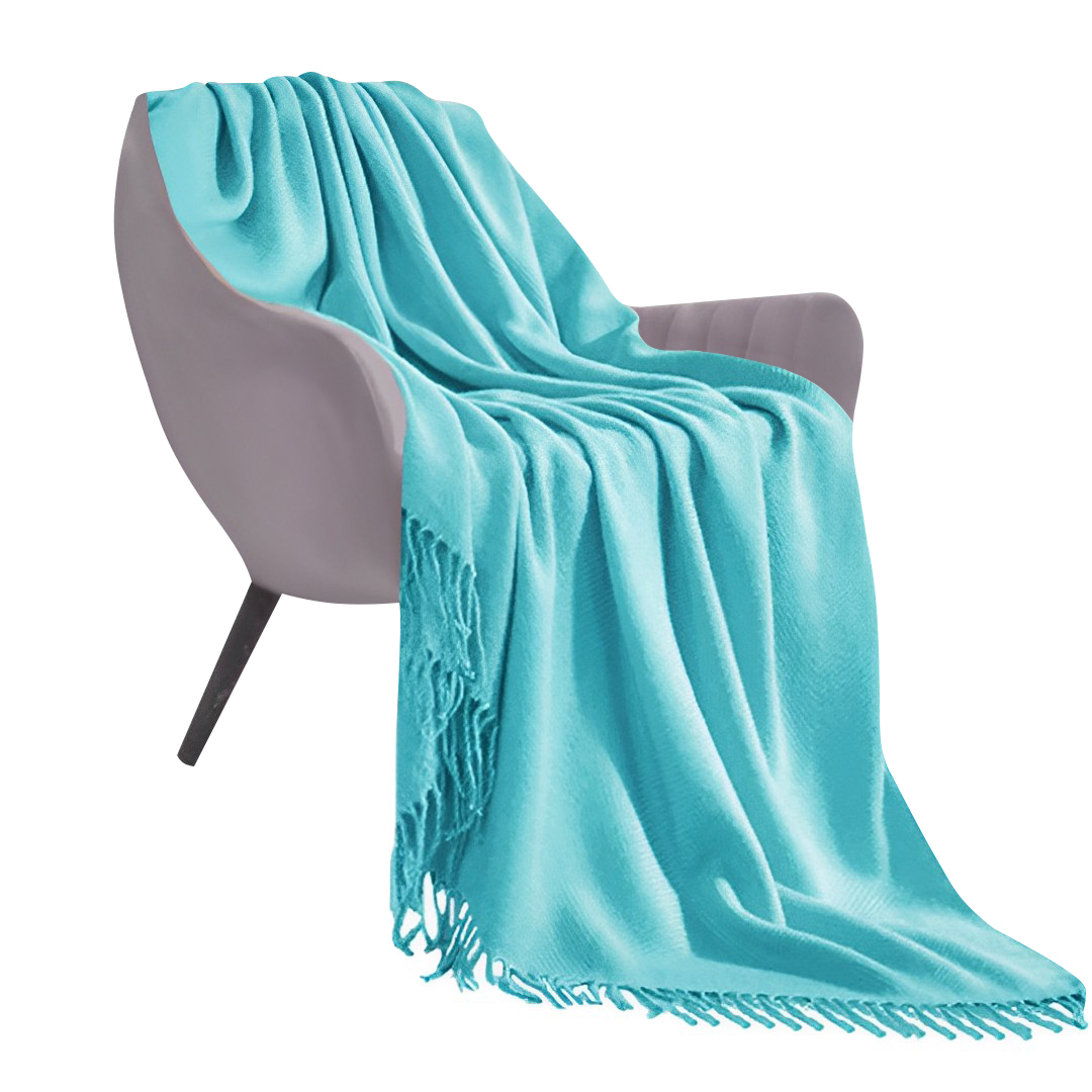 Start2Finish teal acrylic knitted throw blanket with fringed edges, cozy woven cover for couch or bed home decor.