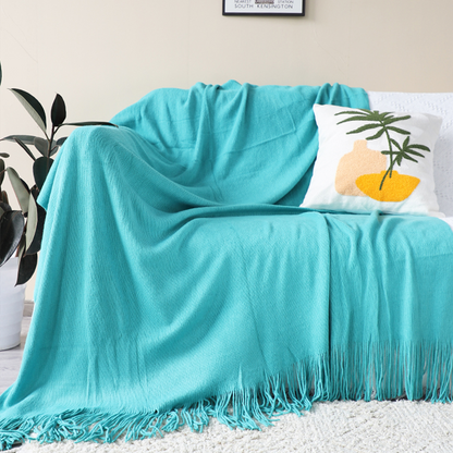 Start2Finish SOGA teal acrylic knitted throw blanket with fringed edges, cozy woven cover for couch or bed, home decor accessory.